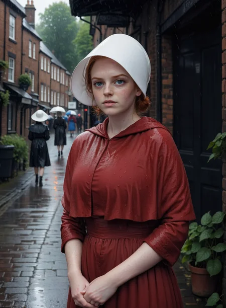 photo portrait of a beautiful young ginger girl in the rain in an old English street, focus on the face, very wet, handmaid dressed in a (red cotton dress:1.1) and (white hat:1.1), handmaid style, <lora:handmaidtale-000008:1> <lora:add-detail-xl:0.8>