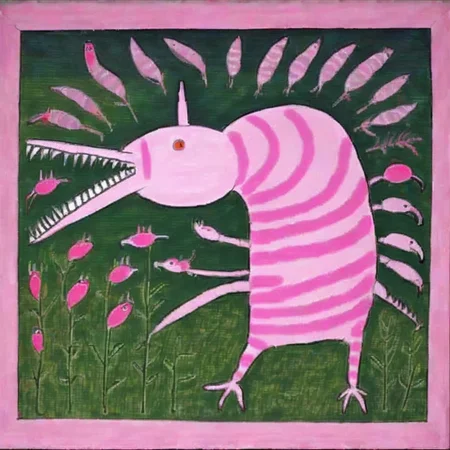 a pink wossum mammal, long beak, sharp teeth, <lora:240527_WOSSUM:0.9>, masterpiece, naive art