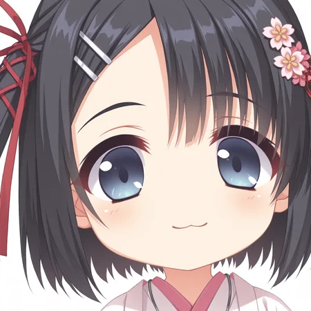 masterpiece,best quality,newest,absurdres,highres,1girl,closed mouth,smile,no nose,solo,mutsuki face \(blue archive\),portrait,chibi,<lora:mutsukifacebaillusxl:0.7>,:3,closed mouth,
YuzuSoft_DR \(style\),
portrait,close-up,
BREAK <lora:Mera_Azusa_illuV01_b3g2_LRV2:1>,Azusa_DR,black hair,short hair,bob cut,side ponytail,hair ribbon,red ribbon,hair flowers,white hairclip,asymmetrical bangs,blue eyes,japanese clothes,white overcoat,layered kimono,white kimono,pink hakama skirt,pink sash,sash under overcoat,grey medallion necklace,long sleeves,wide sleeves,layered sleeves,cross-laced sleeves,