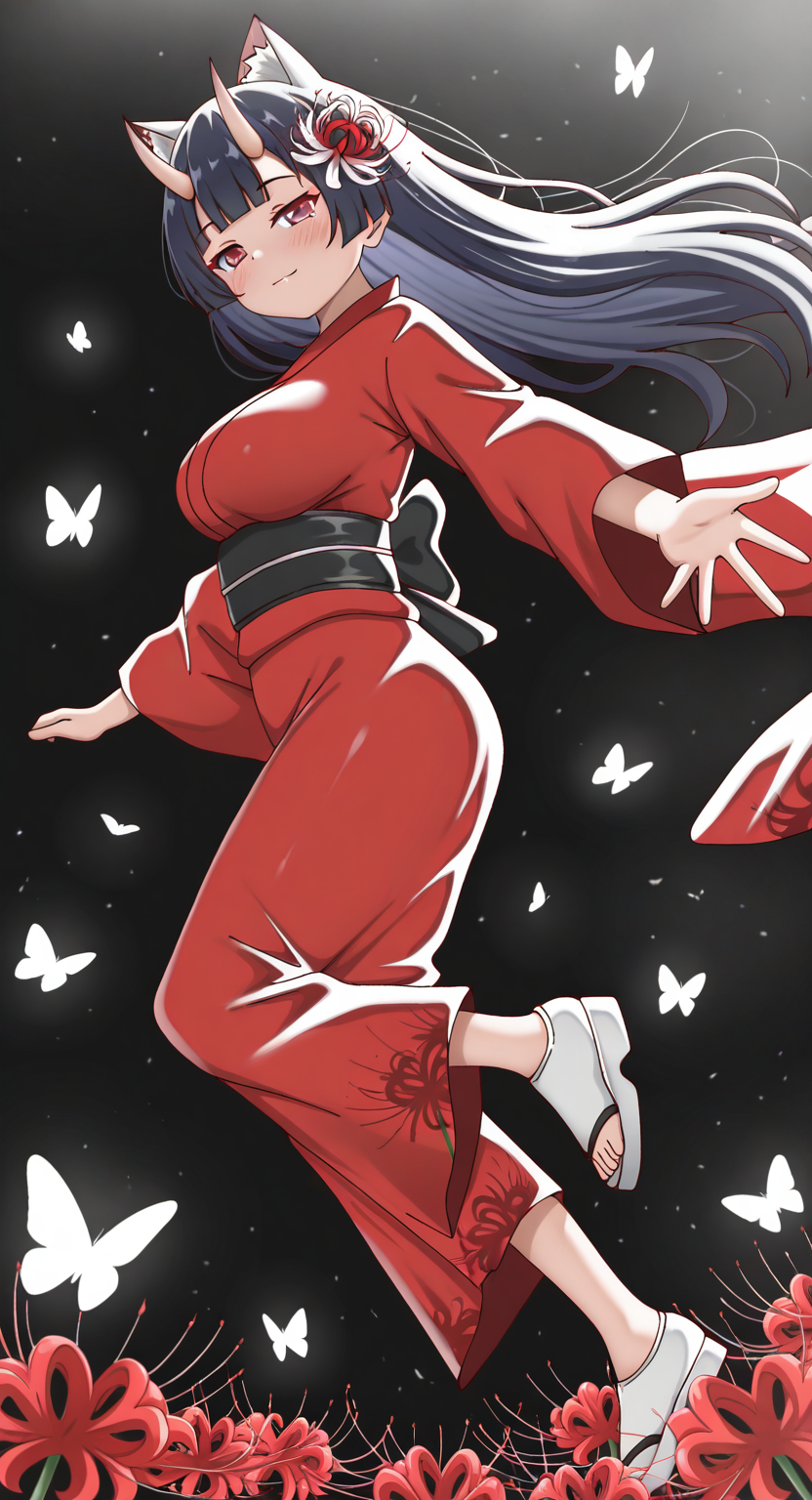 masterpiece, cute, lovely, newest, absurdres, (best quality:1.3), amazing quality, very aesthetic, 1girl, solo, high_resolution, hq, 4k, BREAK. high gradient eyes, very cute, light particles, cute details, cute colors, (Poa_Mellhen_Style), oni, oni horns, dark blue hair, straight hair, blunt bangs, pink eyes, slit pupils, (big breasts:0.7), naughty face, smug, BREAK, animal ears, portrait, cat ears, expressionless, floating hair, hair flower, japanese clothes, kimono, Butterfly, shoes, toeless footwear, yukata, looking at viewer, looking to the side, outstretched arms, outstretched hand, reaching, spread arms, flower, spider lily, solo, glitch, black background, from side, foreshortening, full body, closed mouth, digital dissolve, pixelated, one eye covered, reaching towards viewer, red flower, red kimono, white flower, white footwear, intricate details, vivid colors, smooth shading, dynamic lighting, professional illustration, soft gradients, balanced composition, elegant pose, high-resolution, sharp focus, 8k, hdr, crisp lines, perfect lighting, sharp eyes, detailed eyes, highly detailed