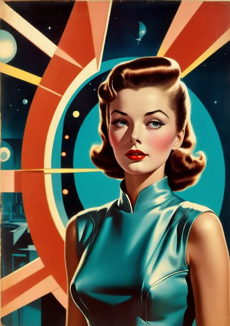 gorgeous mysterious woman, beautiful lighting, composition, framing, Retro-futuristism, vintage sci-fi, 50s and 60s style, atomic age, vibrant, highly detailed, retro futurism,