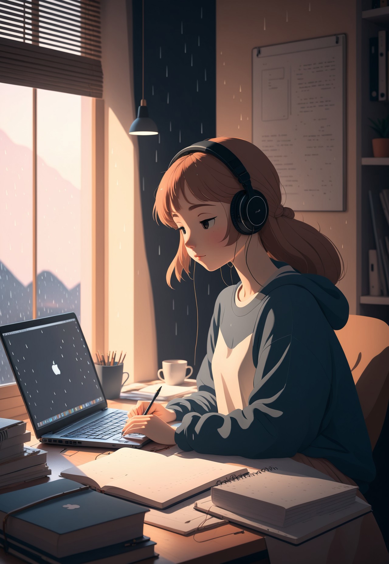 Cozy bedroom scene featuring a (lo-fi girl:1.3) style, with a (somber:1.2) atmosphere. Show a (homework desk:1.4) cluttered with a (laptop:1.3), (notebook:1.2), and scattered papers, illuminated by soft, warm light. Rain gently patters against the window, creating a tranquil backdrop. Emphasize (introspective mood:1.2), (detailed textures:1.3), and (subtle color palette:1.1) to enhance the cozy, reflective vibe
