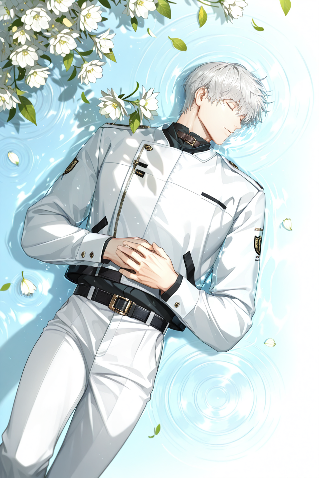 <lora:sariel-IL:0.9>,sariel, white hair, 1boy, male focus, closed eyes, solo, flower, white pants, white flower, on back, lying, short hair, water, long sleeves, pants, ripples, belt, jacket, leaf, shirt, hand on own stomach, from above, yaoi,bara,male focus,very awa,masterpiece,best quality,amazing quality,nsfw,uncersored,highres,best quality,amazing quality,best aesthetic,absurdres,