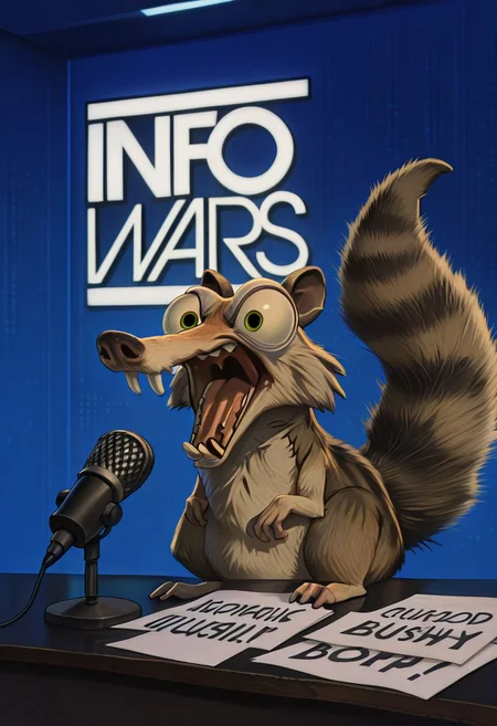 embedding:IllusP0s, info wars, white logo, blue wall, microphone, desk, no humans, animal focus, solo, Scrat, long snout, bushy tail, bulging eyes, striped tail,  open mouth, angry, yelling,