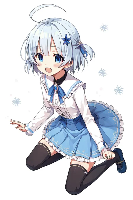 score_9,score_8,1girl,<lora:CURA:0.7>,tina howard,thighhighs,black thighhighs,blue eyes,ahoge,blue footwear,shirt,white background,long sleeves,white shirt,hair ornament,shoes,blue hair,skirt,ribbon,blue skirt,short hair,bangs,frills,snowflake hair ornament,blue ribbon,
