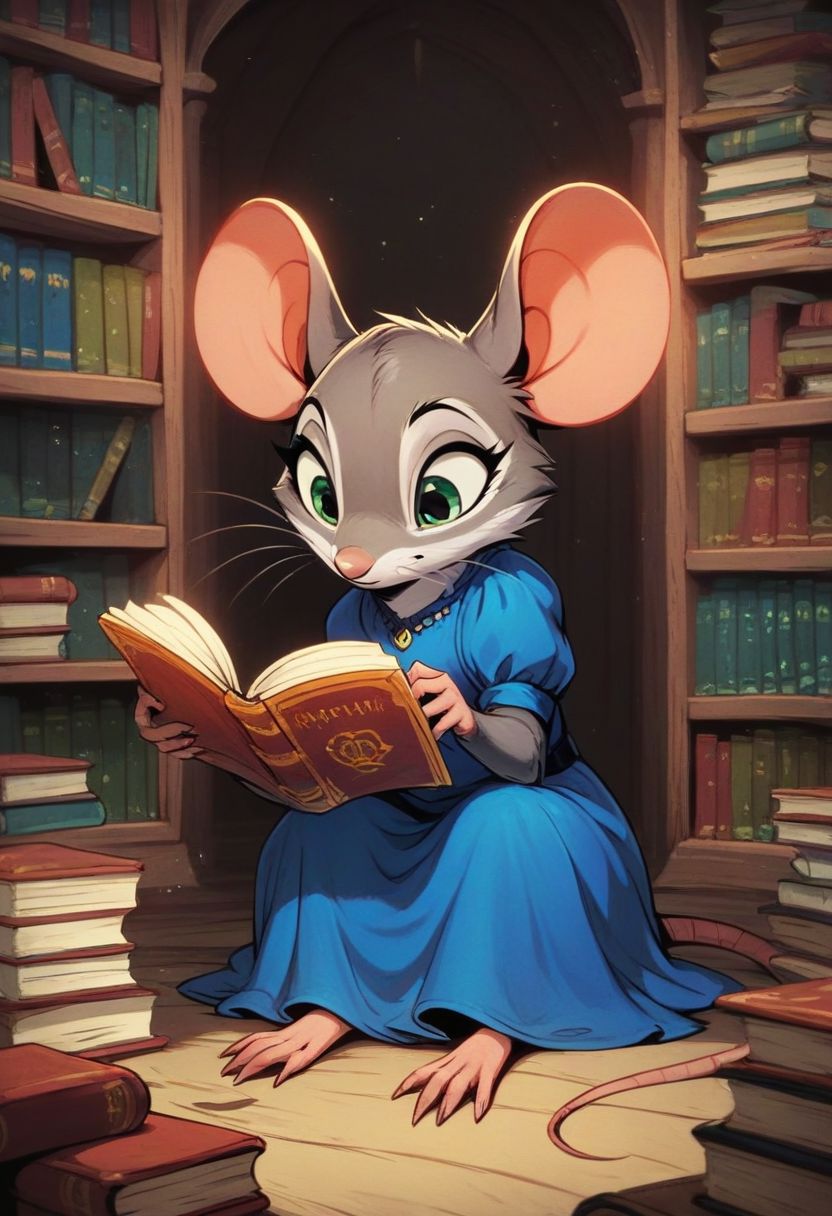score_9, score_8_up, score_8, (solo:2), (fluffy:0.8), (feral:1.5), indoors, furry, (((mouse))), female, green eyes, (gray fur:1.2), claws, (fluffy cheeks:0.7), (blue dress), sitting, bored expression, in the style of beatrix potter, j_cartoon, cute, library, reading, look at book