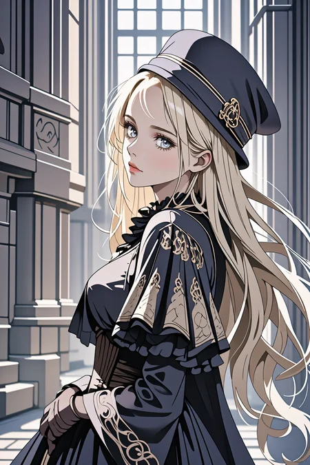 Blonde woman, black slim-fitting mourning dress, black cape, black Cossack hat, (style of Gerald Brom), somber expression, detailed clothing textures, dark fantasy atmosphere, Victorian Gothic style, muted color palette, intricate embroidery, dramatic lighting, BREAK realistic textures, subtle shadows, BREAK contrast of blonde hair against dark attire, rich details, elegant and mysterious <lora:LCM_LoRA_Weights_SD15:1>
