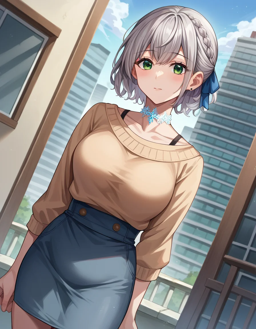 score_9, score_8_up, score_7_up, source_anime,
noelshirogane, <lora:noel-shirogane-ponyxl-lora-nochekaiser:1>,
shirogane noel, braid, french braid, green eyes, grey hair, hair ribbon, ribbon, short hair, snowflake choker, wavy hair, mole, mole on breast, mature female,
casual, collarbone, high-waist skirt, official alternate costume, official alternate hairstyle, sweater,
outdoors, cityscape,
looking at viewer, cowboy shot, dutch angle,