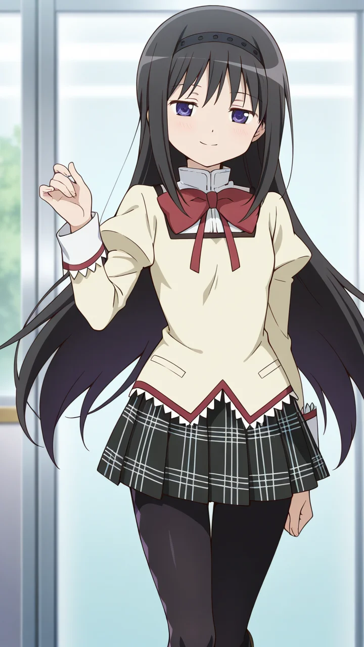 solo, cowboy shot, smile,, masterpiece, best quality, amazing quality, very aesthetic, absurdres, newest, anime screencap, <lora:checkpoint-e18_s792:1>, akemi homura, black hair, long hair, purple eyes, hairband, black hairband, sidelocks, mitakihara school uniform, black skirt, yellow shirt, black pantyhose, bow, bowtie, collared shirt, high collar, juliet sleeves, lace-trimmed shirt, lace-trimmed sleeves, lace trim, long sleeves, miniskirt, pantyhose, plaid clothes, plaid skirt, pleated skirt, pocket, puffy sleeves, red bow, red bowtie, white wrist cuffs, wrist cuffs, shoes, brown shoes,