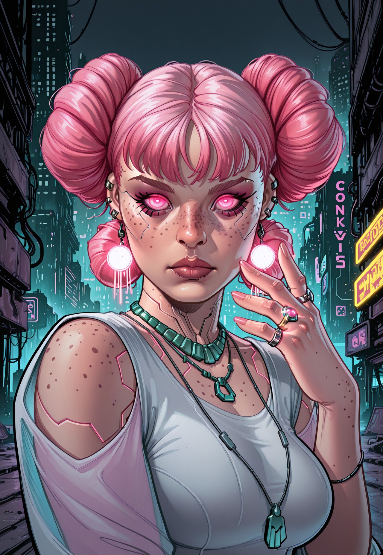 masterpiece, very aesthetic, 1girl, closed mouth, cyberpunk, double bun, earrings, freckles, glowing, hair bun, hand up, jewelry, lips, looking at viewer, makeup, medium breasts, necklace, nose, outdoors, pink eyes, pink hair, ring, solo, upper body