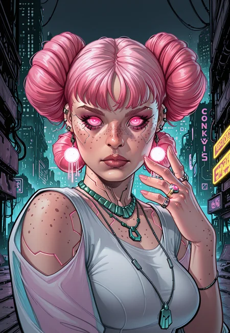 masterpiece, very aesthetic, 1girl, closed mouth, cyberpunk, double bun, earrings, freckles, glowing, hair bun, hand up, jewelry, lips, looking at viewer, makeup, medium breasts, necklace, nose, outdoors, pink eyes, pink hair, ring, solo, upper body
