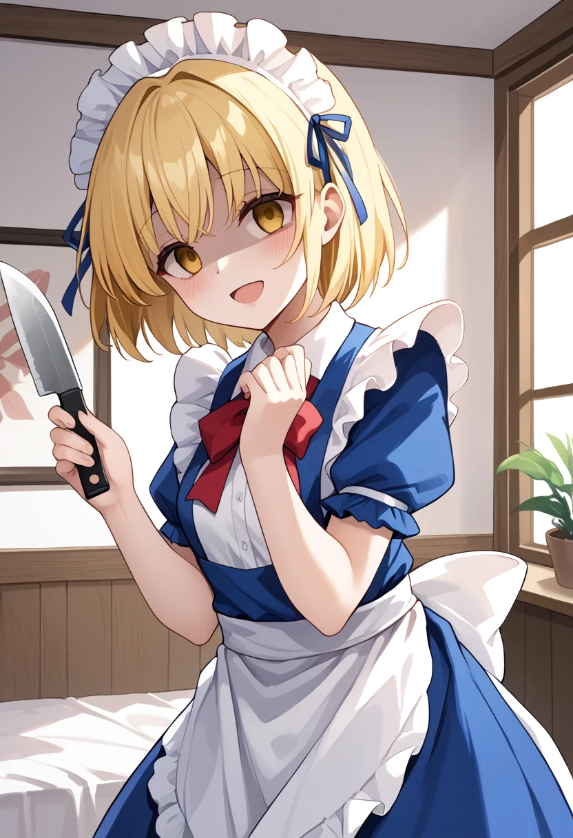 score_9, score_8_up, score_7_up, BREAK source_anime, (masterpiece), (best quality), 1girl, mugetsu, maid headdress with blue ribbon, yellow eyes, bow, maid, blonde hair, red ribbon, short hair, puffy sleeves, apron, blue dress, blood on apron, bloody clothings, opened mouth, closeup upper body, looking at viewer, (from side:0.8), living room, yandere, holding a knife, <lora:mugetsu(touhou)-V1:0.95>, yandere, (shaded face:1.2),(empty eyes:1.2),head tilt, <lora:yandere_Pony_v1:0.7>