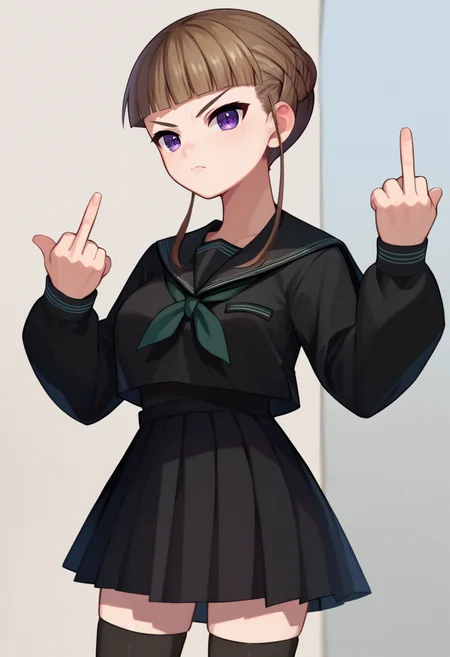 score_9, score_8_up, score_7_up, Manaka Nemu, braided hair, purple eyes, sidelocks, long sleeves, green necktie, black skirt, black thighhighs, black serafuku, 1girl, solo, middle finger, <lora:Nemu Lora 2-000008:1>