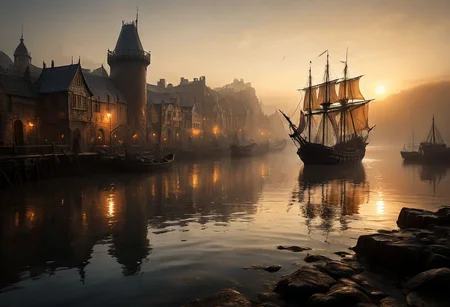 overall tone is surreal, as if the viewer has stumbled upon this scene by chance, caught between the worlds of reality and fantasy. The level of detail is astonishing, from the intricate patterns on the ships' sails to the weathered wood of the quayside. The image has an otherworldly quality, as if it were painted by a master of the surrealist movement. low angel,
<lora:add-detail-xl:0.9> dvr-lnds-sdxl <lora:MJ52:0.5> <lora:zavy-cntrst-sdxl:0.4> <lora:zavy-rmlght-sdxl:0.4> <lora:fog_creatures_v4:0.5>