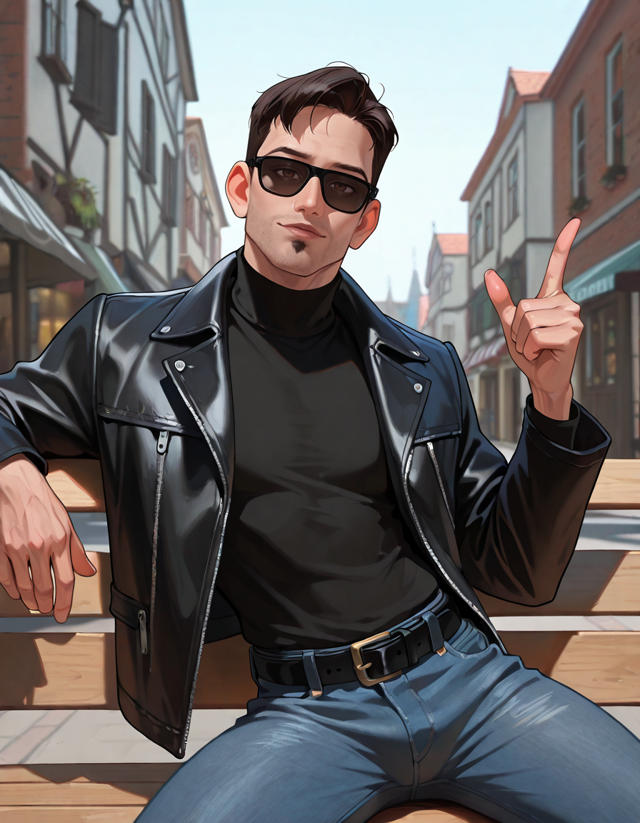 masterpiece, best quality, absurdres, newest, perfect quality, best quality, male focus, solo, realistic, <lora:The Iron Giant - Dean McCoppin - Illustrious:0.7>, dmccoppin, 1boy, black hair, short hair, stubble, goatee, brown eyes, head tilt, looking at viewer, contrapposto, black turtleneck, jeans, black belt, outdoors, town, buildings, shops, black jacket, sitting, on bench, sunglasses, finger gun towards viewer