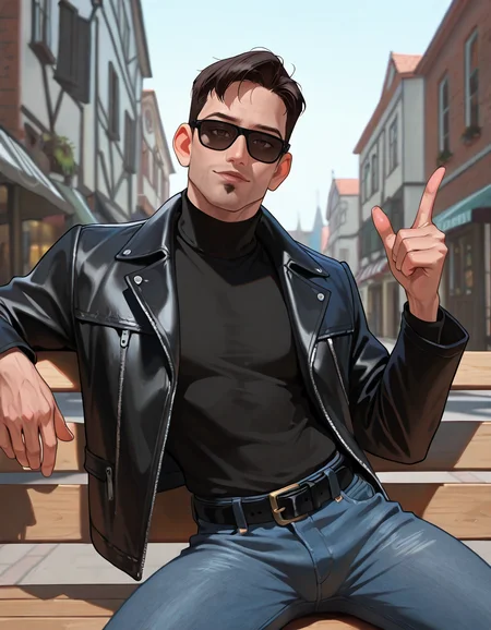 masterpiece, best quality, absurdres, newest, perfect quality, best quality, male focus, solo, realistic, <lora:The Iron Giant - Dean McCoppin - Illustrious:0.7>, dmccoppin, 1boy, black hair, short hair, stubble, goatee, brown eyes, head tilt, looking at viewer, contrapposto, black turtleneck, jeans, black belt, outdoors, town, buildings, shops, black jacket, sitting, on bench, sunglasses, finger gun towards viewer