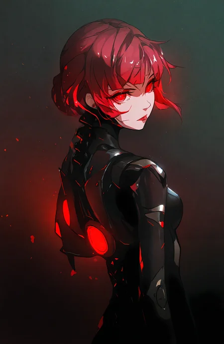1girl, solo, short_hair, red_eyes, glowing, android, joints, robot_joints, mechanical_parts