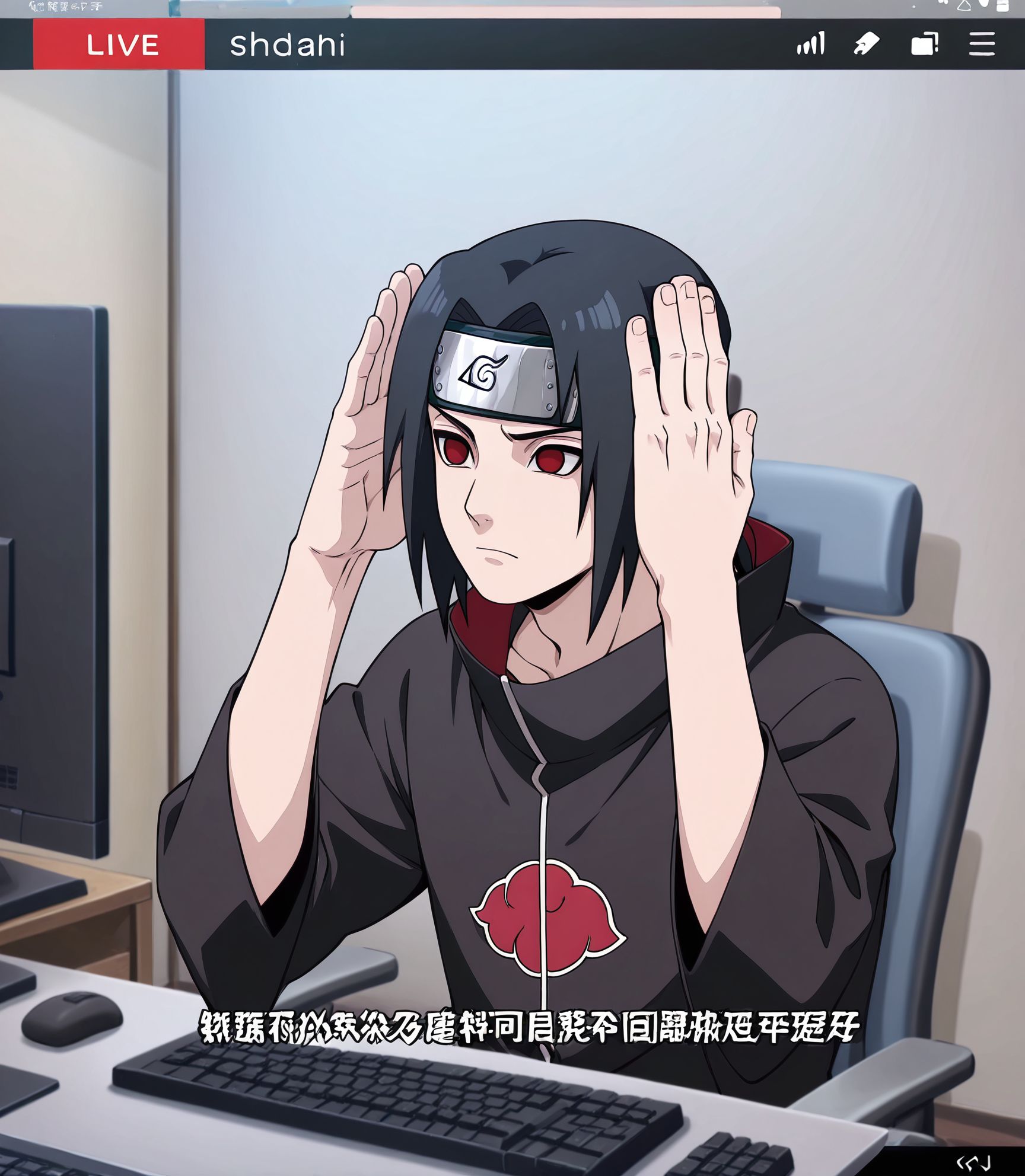 masterpiece, best quality, newest, absurdres, highres, detailed eyes, beautiful, detailed background, perfect eyes, anime coloring, anime screencap,
 uchiha itachi, naruto \(series\),  black robe,office chair,
black hair, forehead protector, red eyes, sharingan, sportswear, 
Y-Tube,livestream,chat log,chair,keyboard ,monitor,super chat,comment,
<lora:My_dad_got_the_MVP:1>My dad got the MVP,
Raising both hands with palms open near the head,
1boy,male focus,indoors, sitting, 
solo,raising both hands with palms open near the head,
