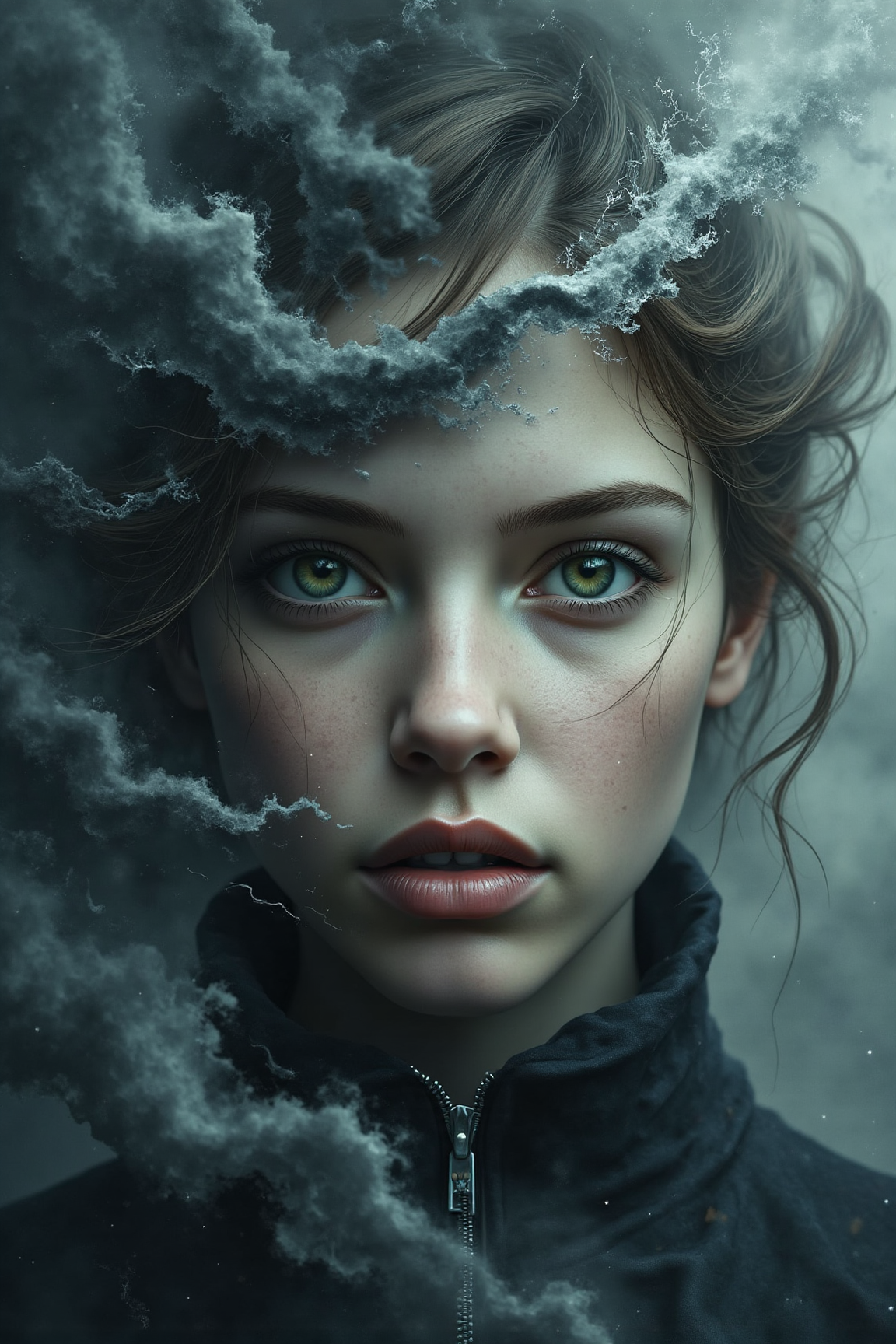 Captivating, award-winning portrait featuring young adolescent tempest woman; fantasy art, DSLR photography, hyper-photorealistic, hyper-detailed, camera with 80 mm lens at f/5.6 aperture, ISO 200, balances exposure triangle; exceptional composition incorporating golden ratio rules and following rule of thirds; stunning atmospheric and visual special effects; high resolution, ultra-high definition, high detail level, high quality; post-processing: increased saturation, increased contrast, balanced color palette, auto-tuned tonality.