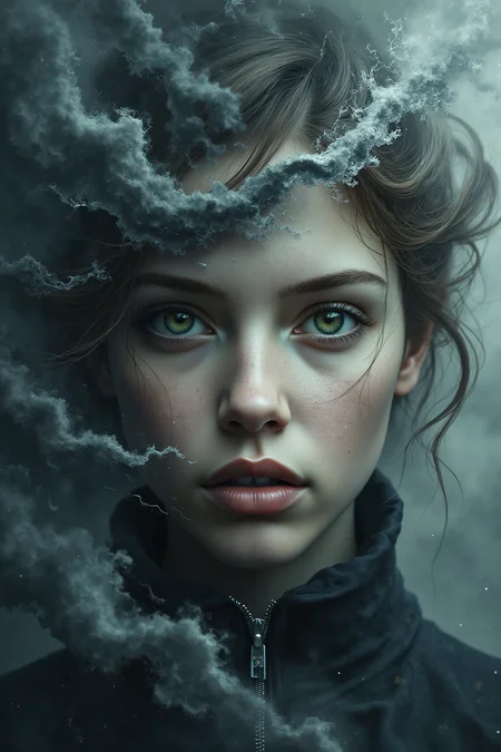 Captivating, award-winning portrait featuring young adolescent tempest woman; fantasy art, DSLR photography, hyper-photorealistic, hyper-detailed, camera with 80 mm lens at f/5.6 aperture, ISO 200, balances exposure triangle; exceptional composition incorporating golden ratio rules and following rule of thirds; stunning atmospheric and visual special effects; high resolution, ultra-high definition, high detail level, high quality; post-processing: increased saturation, increased contrast, balanced color palette, auto-tuned tonality.