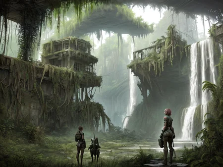 1woman standing in front of waterfall, (overgrown:1.1) ruins in background,
<lora:Wasteland:0.50> Wasteland, the, and, with, wasteland, background,