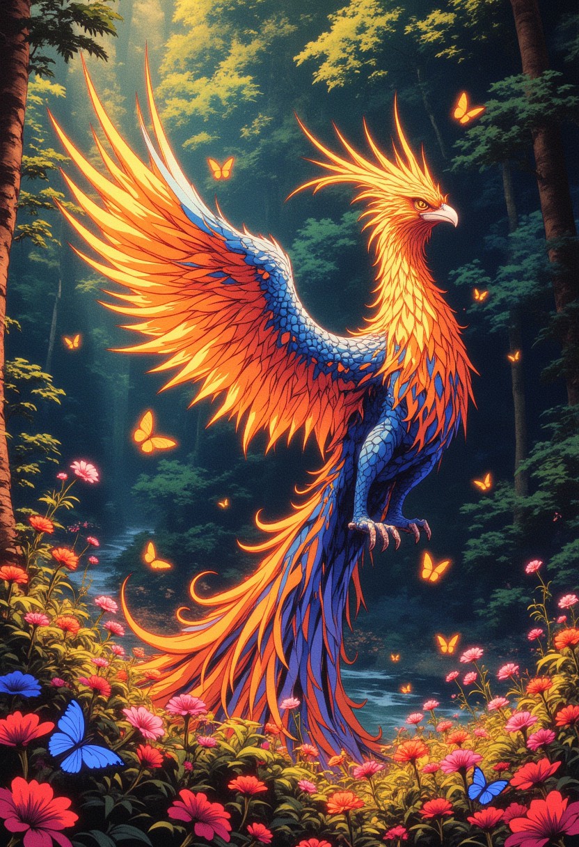 ne0nfant4sy, In a vibrant, sunlit forest glade, a majestic phoenix rises from a bed of glowing, iridescent flowers. The phoenix's feathers are a brilliant mosaic of fiery oranges and deep blues, rendered in intricate, swirling patterns that evoke a sense of movement and life. Surrounding the phoenix, delicate butterflies flit about, their wings reflecting the kaleidoscope of colors in the scene. The atmosphere is one of renewal and enchantment, with dappled sunlight filtering through the leaves, casting playful shadows on the forest floor. This fantastical tableau embodies a sense of hope and rebirth, with the art's vivid colors and fluid forms creating a dreamlike quality.