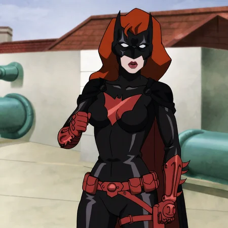 <lora:batwomandcmau_pony_v1:.8> batwoman, 1girl, mask, black bodysuit, cape, utility belt, superhero, belt pouch, medium breasts, gloves, lipstick, red hair, holster, lips, gauntlets, cowboy shot