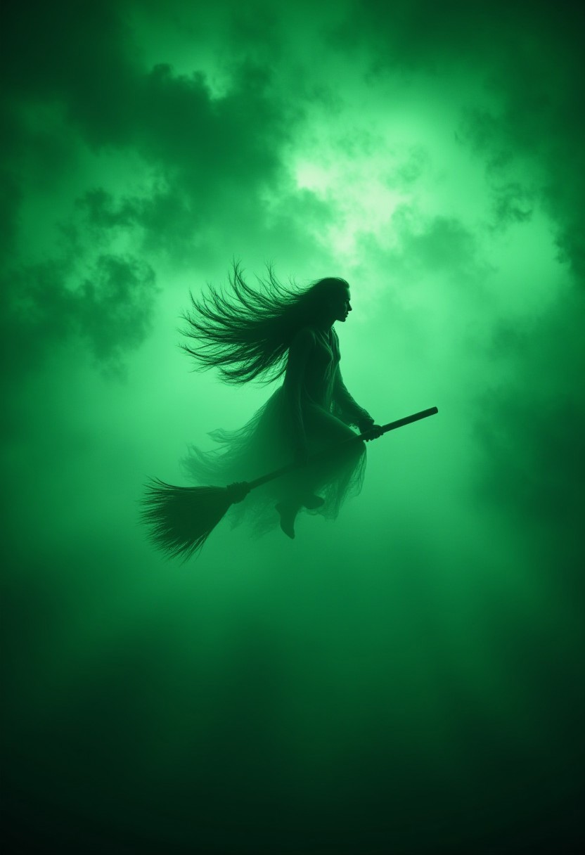 A witch flying on a broomstick through a swirling storm of glowing green fog., <lora:aidmahalloweenboostv0.2-WC:1>, aidmaHalloweenBoost, portrait, <lora:aidmaHyperrealism:0.5>, aidmaHyperrealism