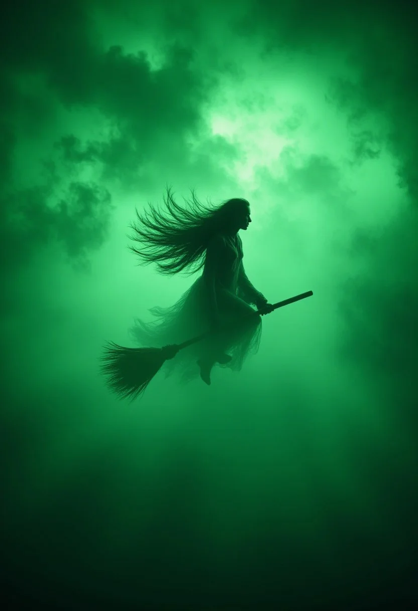 A witch flying on a broomstick through a swirling storm of glowing green fog., <lora:aidmahalloweenboostv0.2-WC:1>, aidmaHalloweenBoost, portrait, <lora:aidmaHyperrealism:0.5>, aidmaHyperrealism