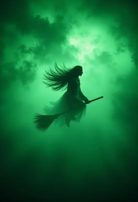 A witch flying on a broomstick through a swirling storm of glowing green fog., <lora:aidmahalloweenboostv0.2-WC:1>, aidmaHalloweenBoost, portrait, <lora:aidmaHyperrealism:0.5>, aidmaHyperrealism