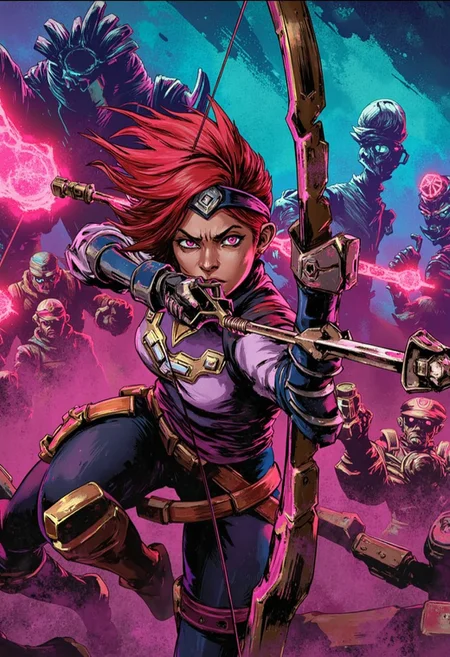 ArcaneFGTNR, Sci-fi mech, neon brushstrokes, vibrant electric tones, glowing patterns, futuristic textures,
The Huntress, red hair flowing and antler headdress adorned, aiming her bow in a chaotic battlefield. She wears native American attire and her expression is one of intense focus. The battlefield is filled with clashing warriors and mythical beasts under a dramatic, stormy sky.,
in the style of hauntingly atmospheric dark fantasy, VHS, horror, 80's horror with vibrant colors
, radiant abstract, high-tech details, cybernetic brilliance, luminous fusion
