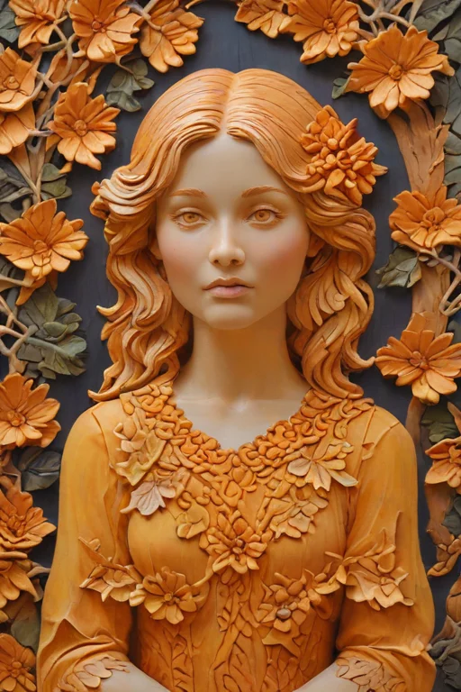 zPDXLxxx,score_9,score_8_up,score_7_up,score_6_up,score_5_up,score_4_up,<lora:Turbo_XL:1>,<lora:wooden_carved_bas-relief:1>,(wood carving, wooden carved bas-relief, wooden texture, glossy, lacquered:1),the color palette is dark in colors of orange and yellow,(upper body, portriet:1.3),frame,butterfly,flowers,leafy,, maximum details