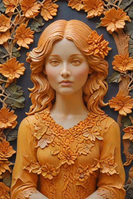 zPDXLxxx,score_9,score_8_up,score_7_up,score_6_up,score_5_up,score_4_up,<lora:Turbo_XL:1>,<lora:wooden_carved_bas-relief:1>,(wood carving, wooden carved bas-relief, wooden texture, glossy, lacquered:1),the color palette is dark in colors of orange and yellow,(upper body, portriet:1.3),frame,butterfly,flowers,leafy,, maximum details