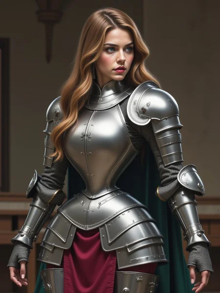 A noblewoman in full plate armor, complete with a sword and shield, yet with a tiny waist visible beneath the armor. The unexpected combination of medieval strength and delicate femininity can create a striking image. <lora:tiny_waist_flux_v1:1.2>
