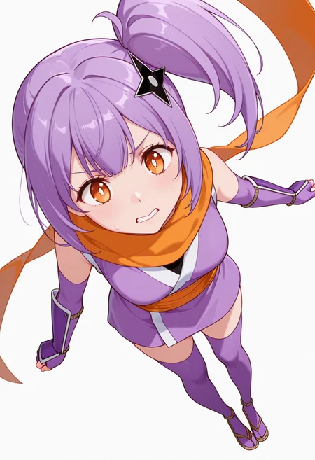 masterpiece,high quality details, absurdres,
 <lora:Satoko_Kusagakure:0.8>
satoko_cnr, 1girl, purple hair, long hair, side ponytail, bangs, orange eyes,hair ornament,sidelocks, enh_cnr,
satoko_s1, ninja, japanese clothes,short kimono, sleeveless, sash, scarf, purple thighhighs, sandals, fingerless gloves, elbow gloves,, simple background, white background, dynamic angle,solo,, despair,clenched teeth,, :>=,