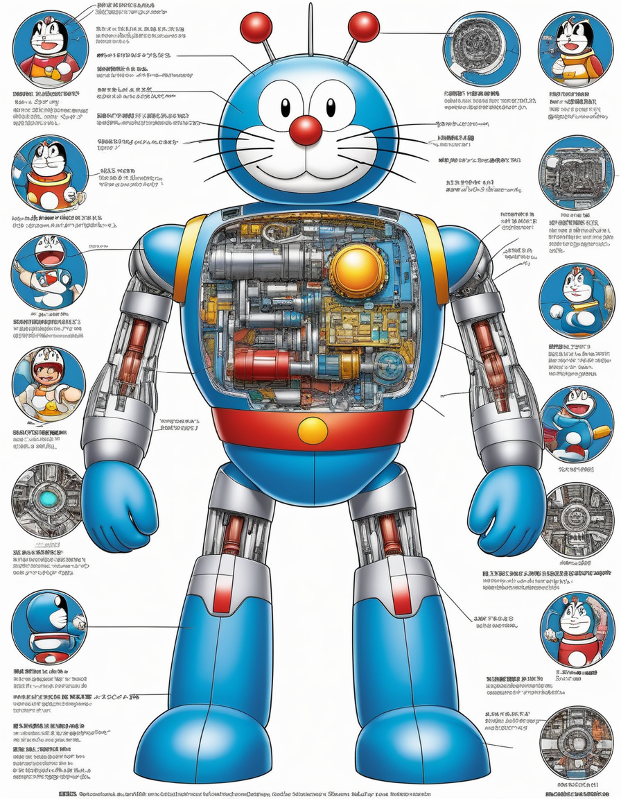 Visualize a detailed and educational cross-section of the beloved character Doraemon in a standing position. The perspective is a cutaway diagram that half-reveals the complex inner machinery beneath his blue exterior. The left side of the image shows Doraemonâs classic appearance with his bright blue coloring, big eyes, red nose, and bell around his neck. On the right, peel back the outer layer to unveil an intricate network of futuristic gears, circuits, and components that power Doraemon's various gadgets and abilities. Highlight the internal gadget storage area in his belly pocket, showing a few iconic devices like the 'Anywhere Door' and 'Take-copter' neatly arranged inside. Above all, maintain the friendly and approachable essence of Doraemon, ensuring that the technical details are presented in an informative and non-grim manner,<lora:robot_info:0.4>
