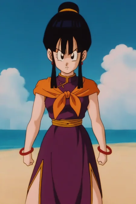 source_anime, score_9, score_8_up, score_7_up, anime screencap,8k, absurd res,
chi-chi, 1girl, solo, looking at viewer, bangs, black hair, purple dress, jewelry, closed mouth, standing, sidelocks, earrings, outdoors, sky, single hair bun, anime coloring, retro artstyle, sleeveless, day, cloud, hair bun, black eyes, red bracelet, blue sky, ocean, chinese clothes, cloudy sky, clenched hands, serious, looking at viewer, (orange neckerchief), yellow sash, 1990s \(style\), arms at sides, bare legs, cowboy shot
<lora:chichiDBZ_pony_v1:0.8>