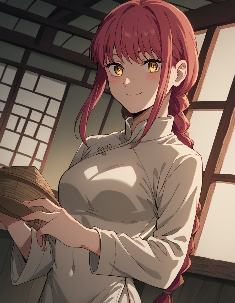 score_9, score_8_up, score_7_up, source_anime, makima, <lora:chainsaw-man-makima-s1-ponyxl-lora-nochekaiser:1> makima, long hair, smile, bangs, yellow eyes, braid, red hair, braided ponytail, ringed eyes,, <lora:vietnamese-dress-ponyxl-lora-nochekaiser:1>, vietnamese dress, vietnamese clothes, rice hat,, indoors, smile, blush,, cowboy shot, dutch angle, looking at viewer,