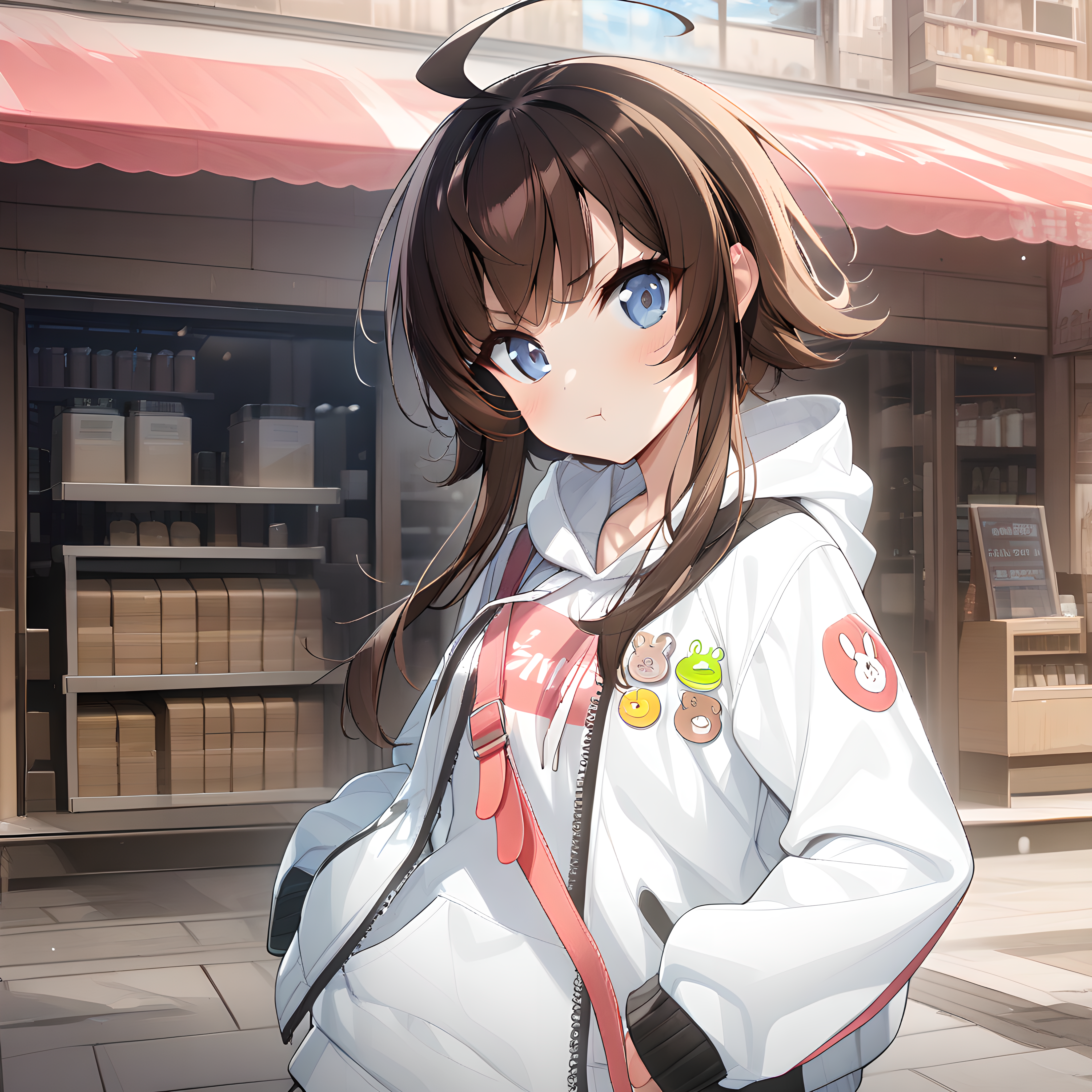 (masterpiece),(best quality),(ultra-detailed),(best illustration),(best shadow),(absurdres),(detailed background),(very aesthetic), yang harim, hood, solo, 1girl, hood down, blue eyes, ahoge, brown hair, white jacket, sleeves past wrists, jacket, white hoodie, long sleeves, market background, defaultoutfit, pout, looking at viewer, close-up, portrait, hands on waist, proud, hands inside jacket pocket, <lora:Yang_Harim:1>