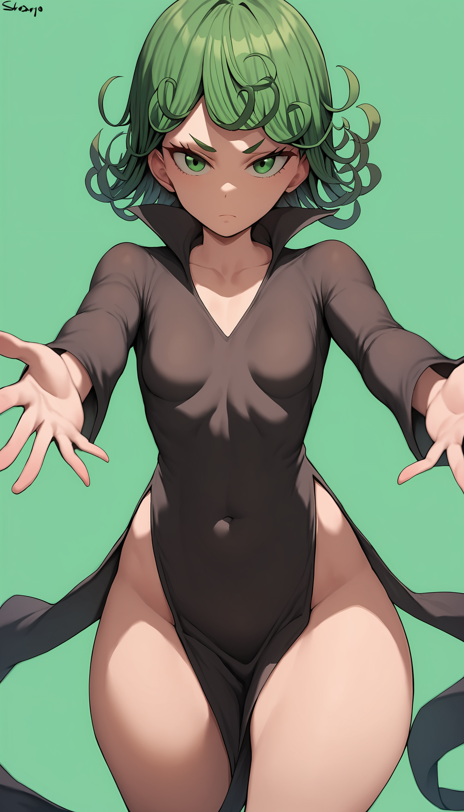 score_9,score_8_up,score_7_up,1girl,tatsumaki,breasts,looking at viewer,short hair,simple background,long sleeves,dress,closed mouth,green eyes,collarbone,thighs,cowboy shot,small breasts,green hair,black dress,covered navel,no panties,outstretched arms,pelvic curtain,green background,curly hair,telekinesis,<lora:Shexyo_Style__PONY_XL:1>,