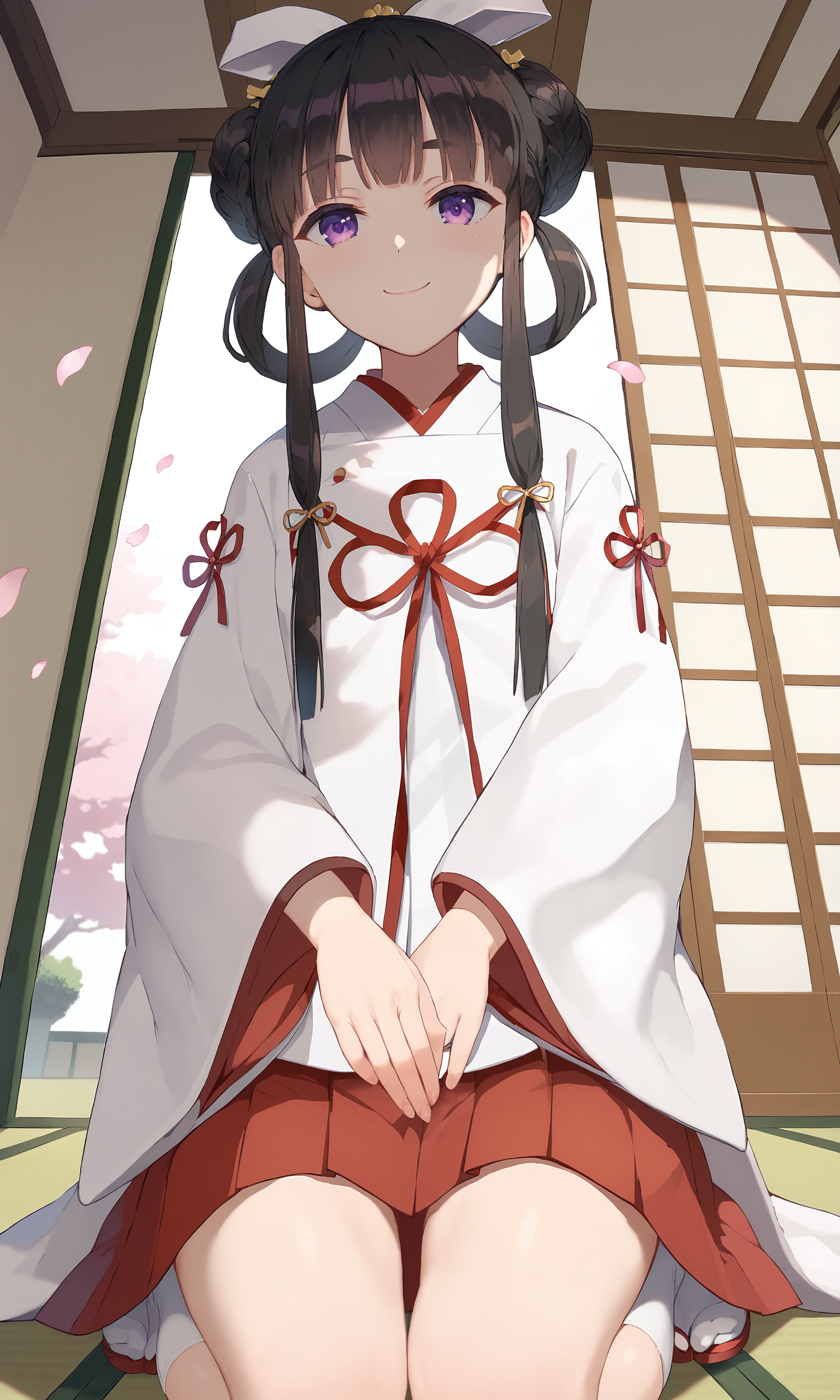 yuki01, 1girl, looking at viewer, purple eyes, white kimono, double bun, hair bow, hair ornament, wide sleeves, sidelocks, long sleeves, miko, red skirt, black hair, blunt bangs, braid, red ribbon, 
slight smile,close mouth, indoors, zabuton, sliding doors, cherry blossoms, tatami, petals, 
see-through, on knees, seiza, cushion, from below,  short white socks, close up, dutch angle, pov, 
perfect lighting, depth of field, 
 <lora:Yuki01_PonyXL-000015:1>, score_9, score_8_up, score_7_up,