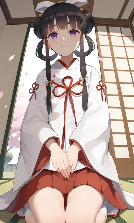 yuki01, 1girl, looking at viewer, purple eyes, white kimono, double bun, hair bow, hair ornament, wide sleeves, sidelocks, long sleeves, miko, red skirt, black hair, blunt bangs, braid, red ribbon,
slight smile,close mouth, indoors, zabuton, sliding doors, cherry blossoms, tatami, petals,
see-through, on knees, seiza, cushion, from below, short white socks, close up, dutch angle, pov,
perfect lighting, depth of field,
<lora:Yuki01_PonyXL-000015:1>, score_9, score_8_up, score_7_up,