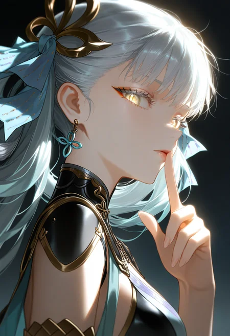 1girl,jinhsi (wuthering waves),portrait, from side,beautiful detailed eyes,finger to mouth, dynamic pose,
dark,warm light, looking at viewer,
masterpiece, best quality, very aesthetic,<lora:ponyv4_noob1_2_adamW:0.5> <lora:Au_(D_Elete)-ill-Fandingo:0.5> <lora:nyalia:0.4>
