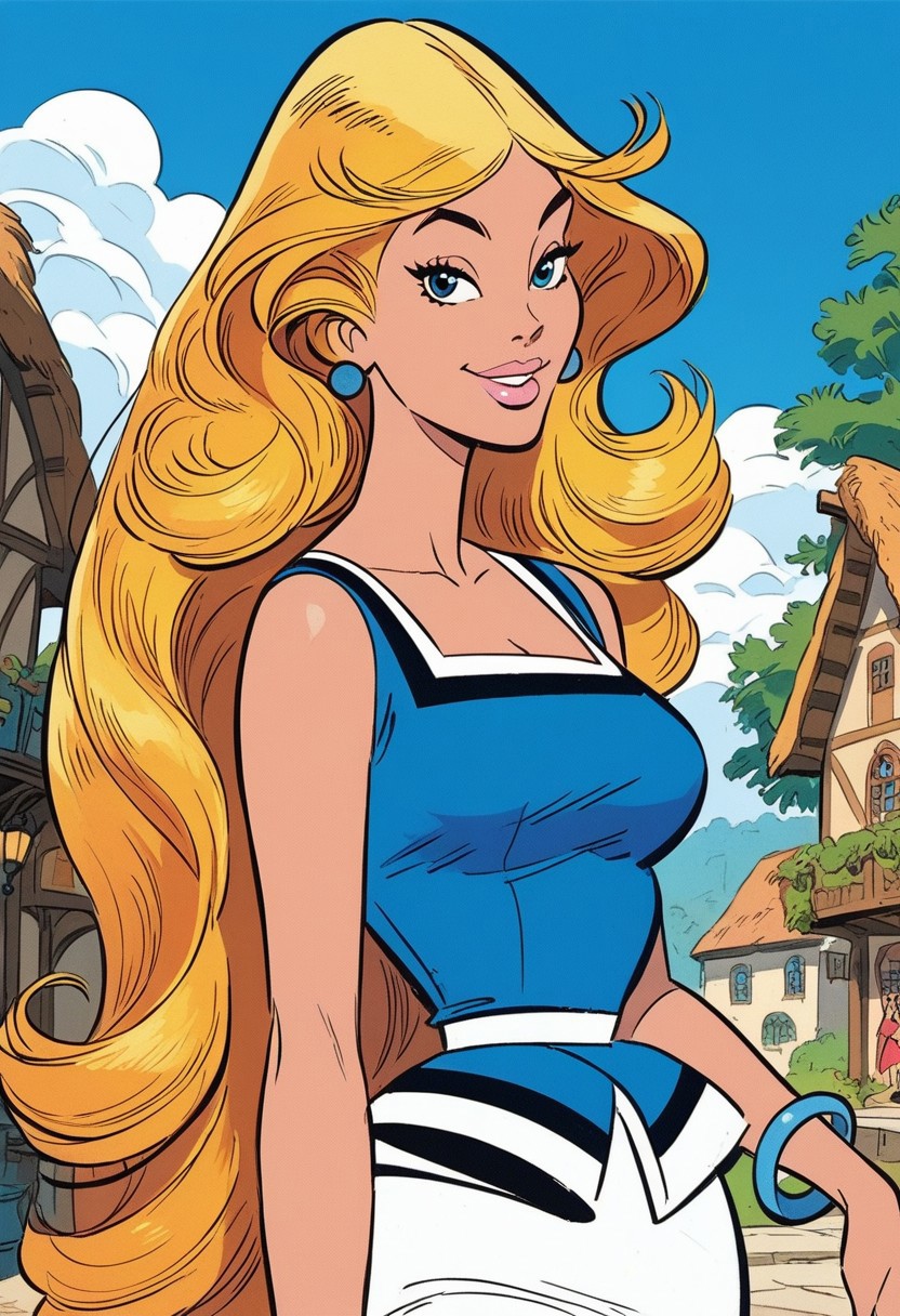 score_9, score_8_up, score_7_up, best quality, masterpiece, falbala, 1girl, solo, blonde hair, very long hair, blue earrings, bare shoulders, cleavage, medium breasts, blue shirt, white belt, blue bracelet, white long skirt, smile, sexy posing, outdoors, medieval village, detailed background, perfect face, perfect mouth, perfect lips, beautiful girl,