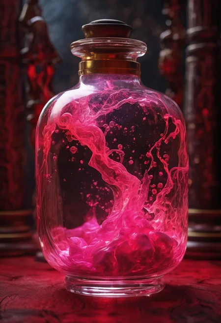 Score_9, Score_8_up, Score_7_up, Score_6_up, Score_5_up, Score_4_up, high_def, highest quality, 4k, best quality, masterpiece, no humans, object focus, focused, defined, (Photorealistic magic potion:1.3), intricate glass bottle, elixir, (skull inside potion:0.7), neon red colors, pink hues, bubbling, ethereal light, flashy lights, magic lights, luminous, dynamic reflections, magical aura, highly detailed, fantasy essence, glowing particles, radiant aura