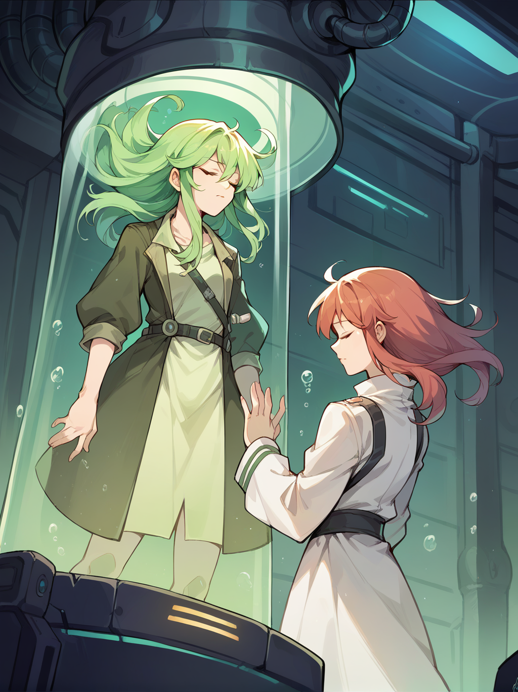 score_9, score_8_up, score_7_up, score_6_up, source_anime, BREAK <lora:stasis_tank_v0.3-pony:1>
2girls, standing, looking at another, arms at sides,
stasis tank, science fiction, closed eyes,air bubble, green glow, hand on glass, floating hair,