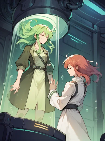 score_9, score_8_up, score_7_up, score_6_up, source_anime, BREAK <lora:stasis_tank_v0.3-pony:1>
2girls, standing, looking at another, arms at sides,
stasis tank, science fiction, closed eyes,air bubble, green glow, hand on glass, floating hair,