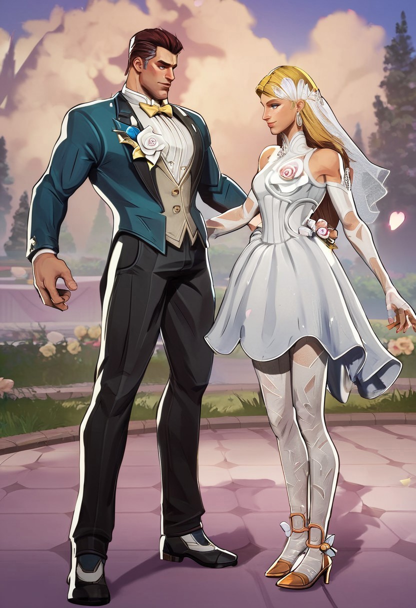 score_9, score_8_up, score_7_up, masterpiece, best quality, newest, absurdres, highres, 1boy, ReedRichards-Lifefantasticskin-V1.0,   suit, formal clothes, bowtie, brown hair, brown eyes, flower, shrt hair, pants, yellow bowtie, portrait, 1girl, SueStorm-Lifefantasticskin-V1.0,  wedding dress, wedding veil, veil, white dress, short dress, blonde, bare shoulders, blue eyes, flower, jewelry, long hair, earrings, long hair, high heels,