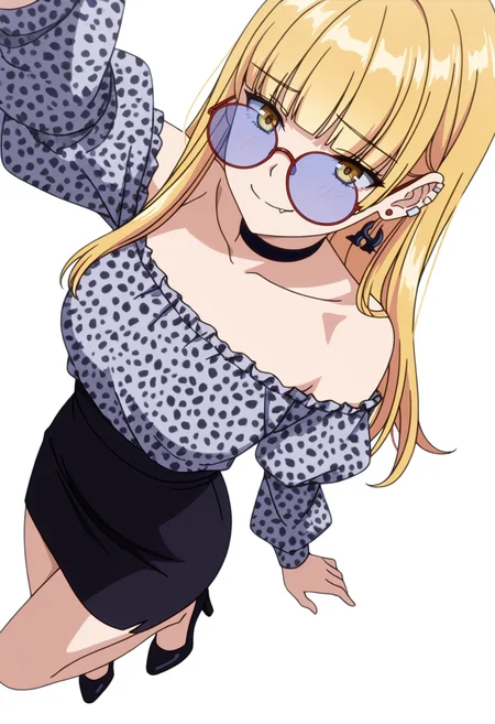 masterpiece,high quality details, absurdres,
<lora:Ruriko:0.7>enh_cnr,
ruriko_cnr,1girl, blonde hair, long hair,blunt bangs, yellow eyes, fang, ear piercing,earrings,
ruriko_s2, collarbone,grey shirt, off shoulder, long sleeves, puffy sleeves,black pencil skirt, leopard print,choker,eyewear, sunglasses,black high heels,, simple background, white background, sideways,solo,, forced smile,horrified,, other hand reaching forward,perched on edge of surface,looking forward,