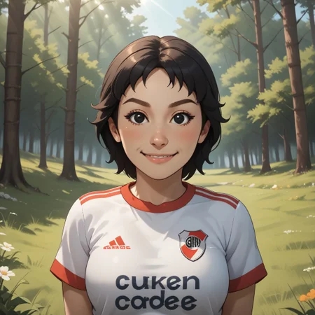 score_9, score_8, BREAK, solo, wii, mii, white skin, black hair, black eyes, dot eyes, brown eyebrows, small nose, blush, smile, RiverPlate, striped shirt, striped, shirt, white shirt, short sleeves, clothes writing, sportswear, soccer uniform, breasts, 1girl, female mii, wii sports, cute, Rin_(\Wii_Sports\), Nintendo Mii, modern_mii, classic_mii, adult female, mature female, sexy pose, self portrait, smile, outdoors, sunlight, shadows, evening lighting, natural lighting, forest, trees, grass, orange sky, sunset